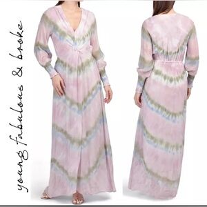 YOUNG FABULOUS & BROKE Long Sleeve Deep V-neck Alexis Chiffon Maxi Dress Size M